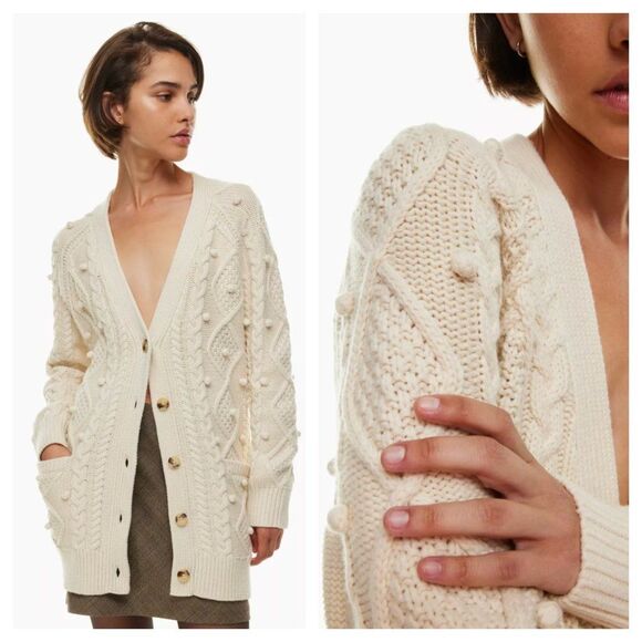 Aritzia Sweaters - Aritzia Wilfred Alps Pom Poms Cable Knit Cardigan Merino Cotton Cream Women's M